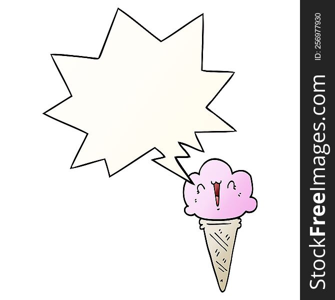 Cartoon Ice Cream And Face And Speech Bubble In Smooth Gradient Style