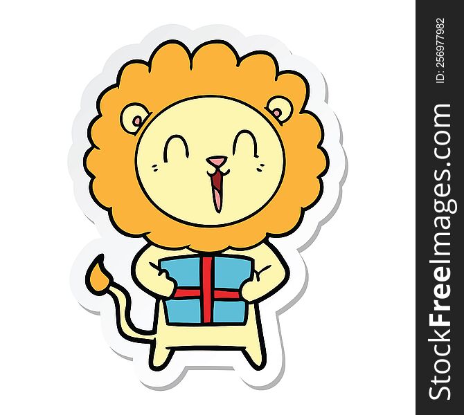 Sticker Of A Laughing Lion Cartoon With Christmas Present