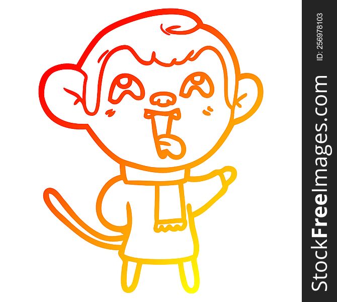 warm gradient line drawing of a crazy cartoon monkey wearing scarf