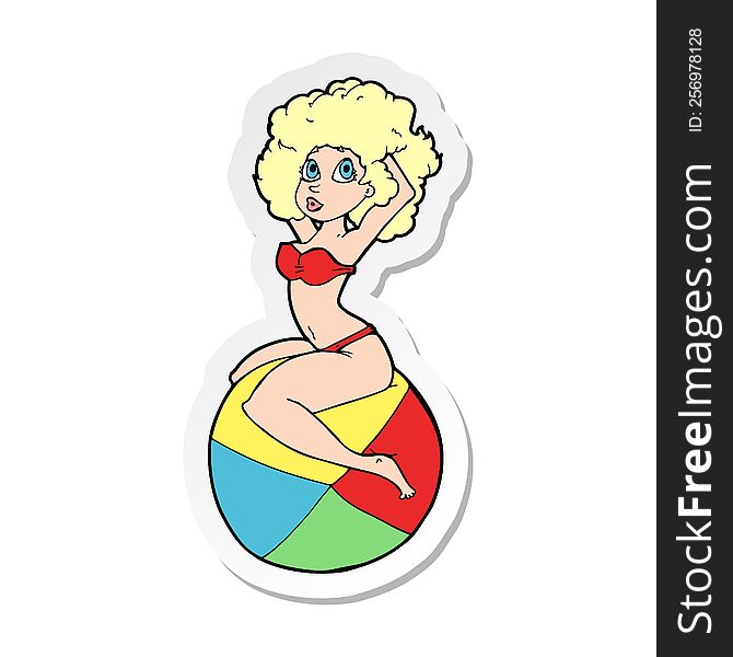 Sticker Of A Cartoon Pin Up Girl Sitting On Ball