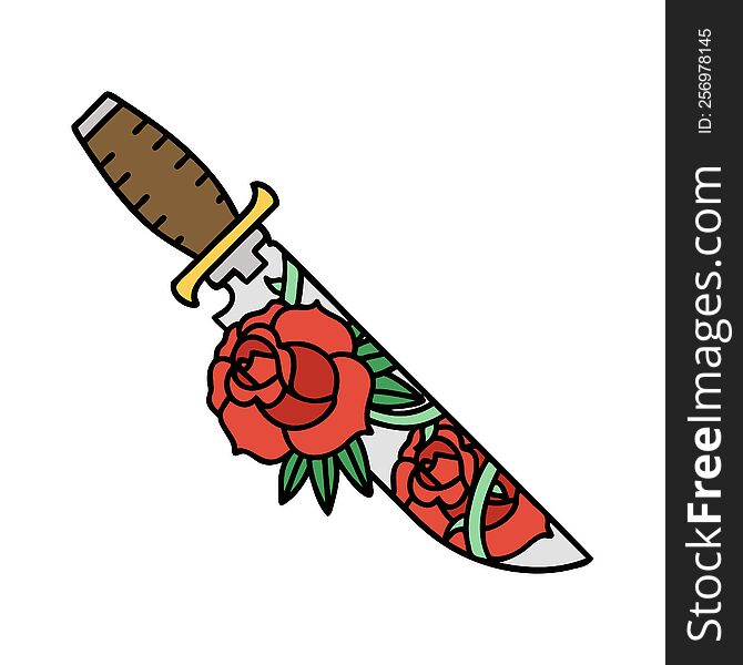 Traditional Tattoo Of A Dagger And Flowers