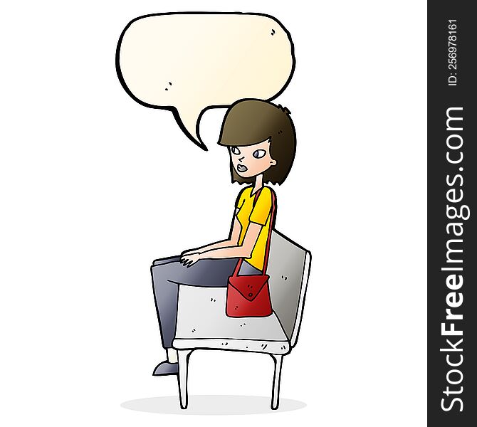 cartoon woman sitting on bench with speech bubble
