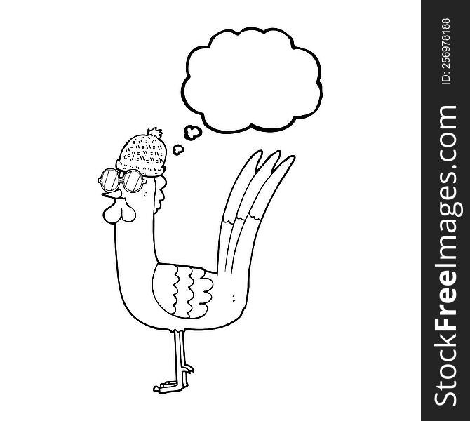 freehand drawn thought bubble cartoon chicken wearing spectacles and hat. freehand drawn thought bubble cartoon chicken wearing spectacles and hat