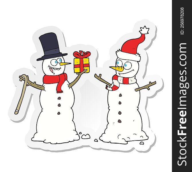 sticker of a cartoon snowmen exchanging gifts