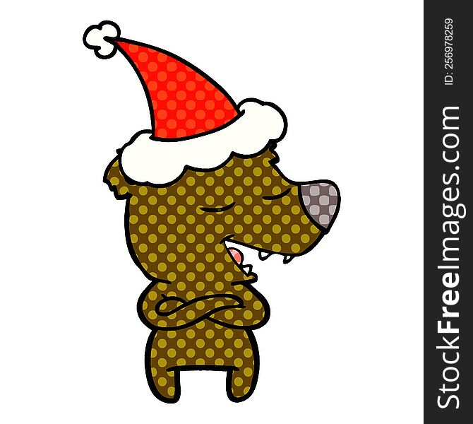 Comic Book Style Illustration Of A Bear Wearing Santa Hat