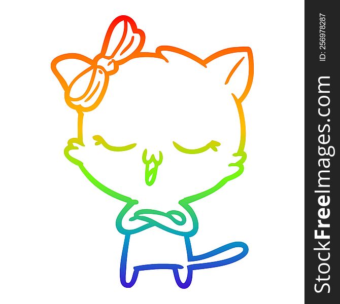 rainbow gradient line drawing of a cartoon cat with bow on head