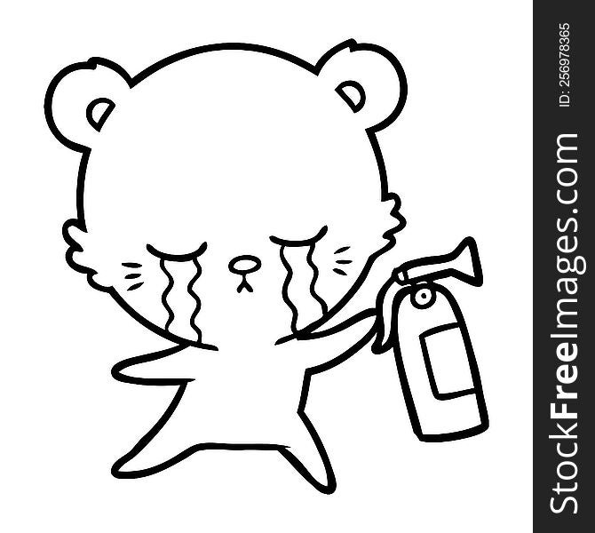 crying cartoon bear with fire extinguisher. crying cartoon bear with fire extinguisher