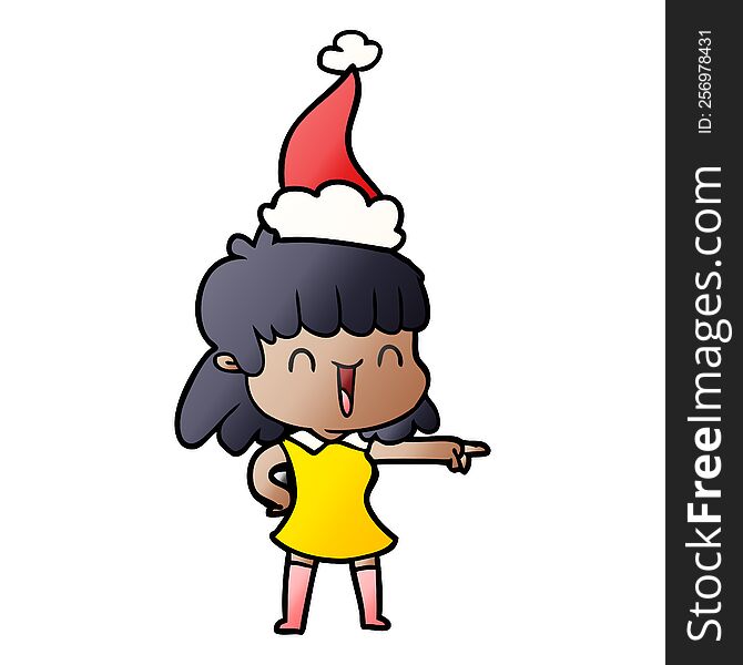 hand drawn gradient cartoon of a happy girl wearing santa hat