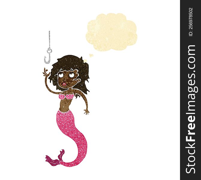 cartoon mermaid and fish hook with thought bubble