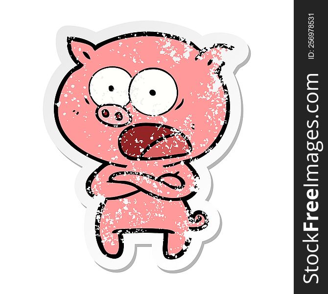 Distressed Sticker Of A Cartoon Pig Shouting