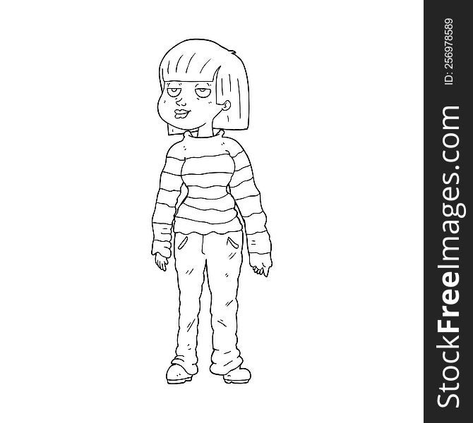 freehand drawn black and white cartoon woman in casual clothes