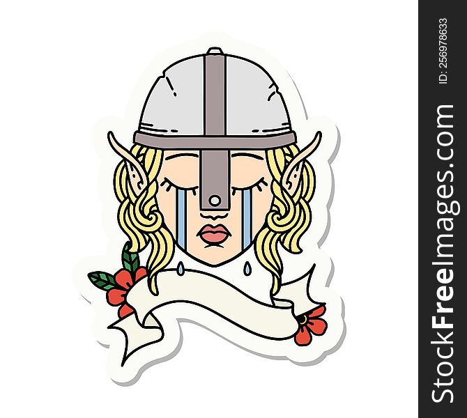 sticker of a crying elf fighter character face. sticker of a crying elf fighter character face