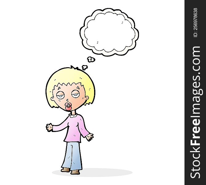 cartoon tired woman with thought bubble