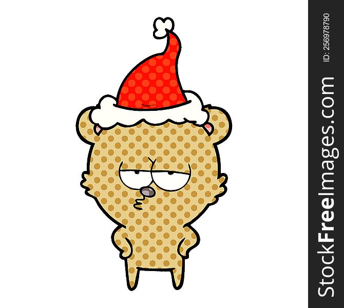 Bored Bear Comic Book Style Illustration Of A Wearing Santa Hat