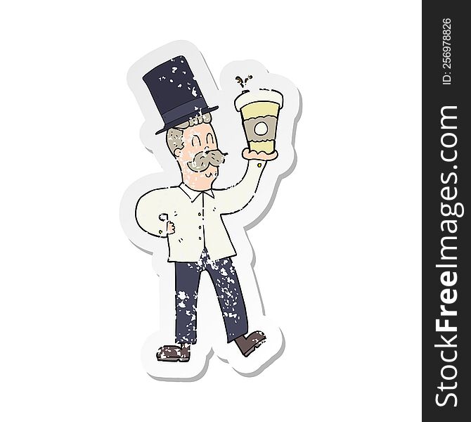 retro distressed sticker of a cartoon man with coffee cup