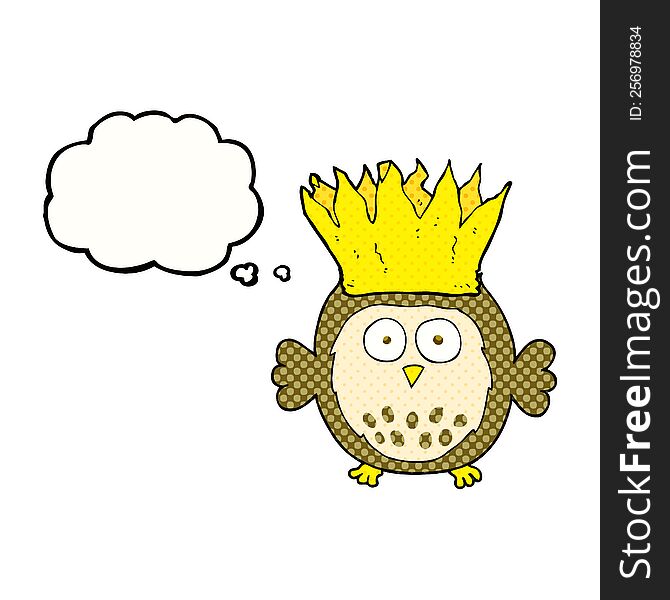 freehand drawn thought bubble cartoon owl wearing paper crown christmas hat
