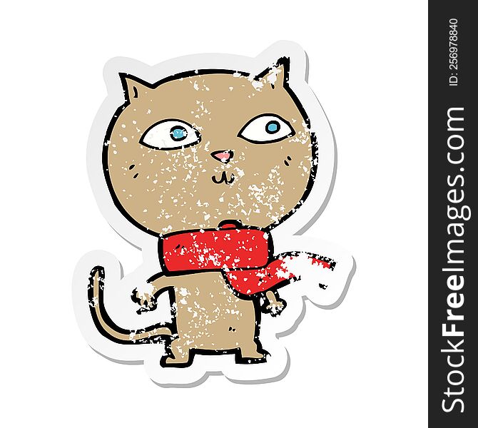 Retro Distressed Sticker Of A Cartoon Funny Cat Wearing Scarf