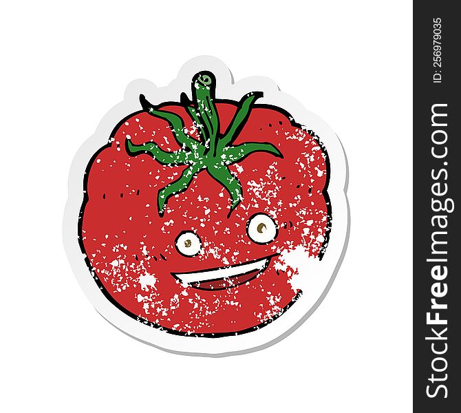 retro distressed sticker of a cartoon happy tomato