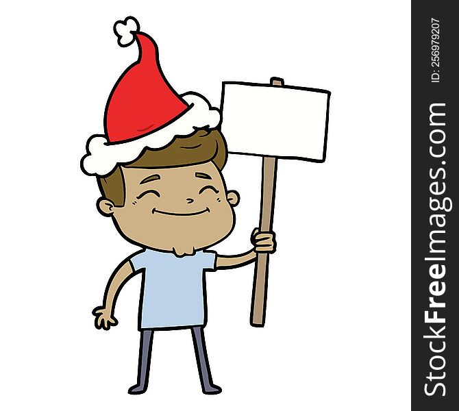 Happy Line Drawing Of A Man With Placard Wearing Santa Hat