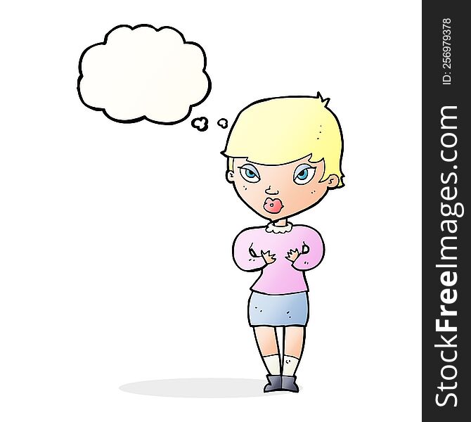 cartoon woman gesturing at self with thought bubble