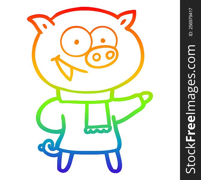 rainbow gradient line drawing of a cheerful pig wearing winter clothes cartoon