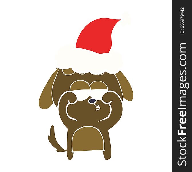 hand drawn flat color illustration of a tired dog wearing santa hat