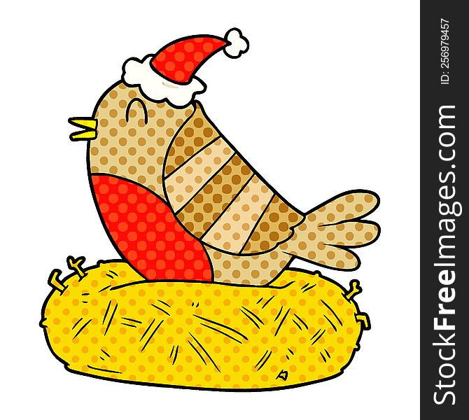 hand drawn comic book style illustration of a bird sitting on nest wearing santa hat
