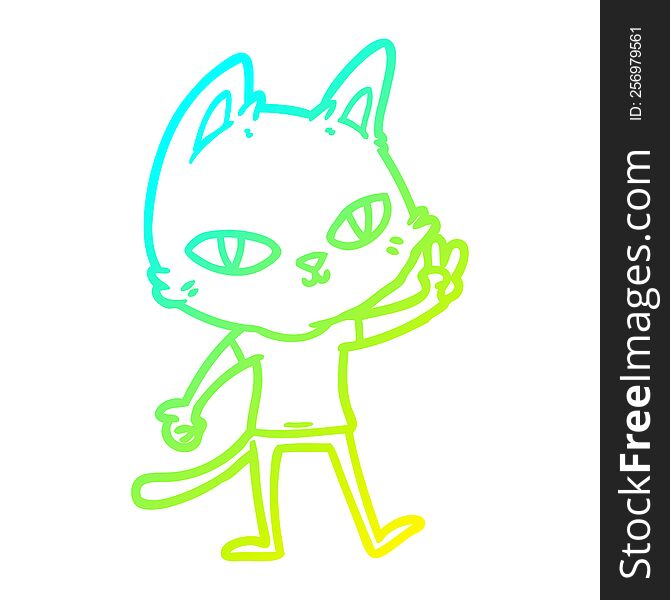 Cold Gradient Line Drawing Cartoon Cat Waving