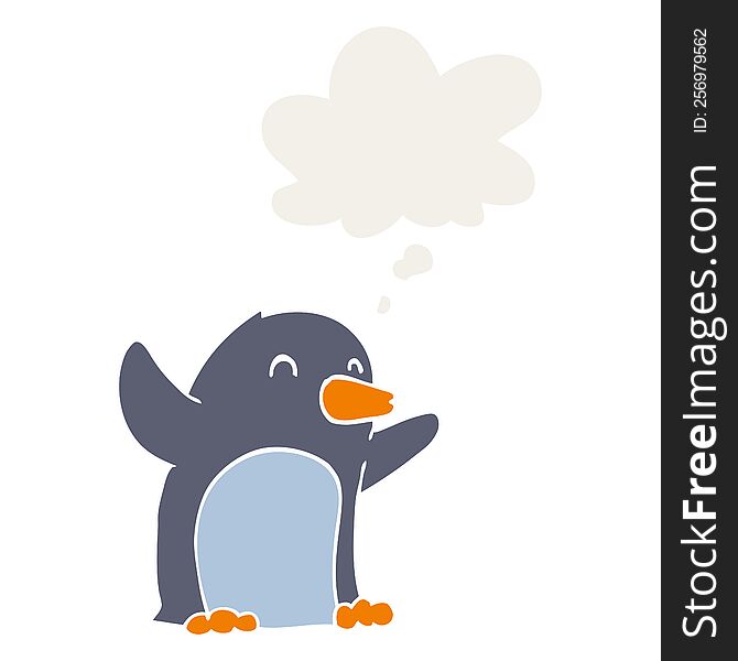 Cartoon Excited Penguin And Thought Bubble In Retro Style