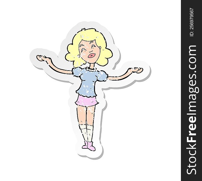 Retro Distressed Sticker Of A Cartoon Woman Taking Praise