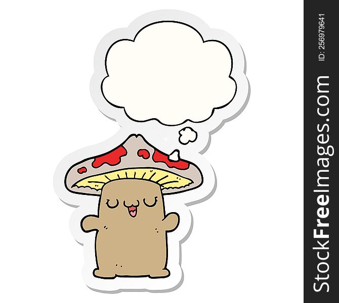 cartoon mushroom creature with thought bubble as a printed sticker