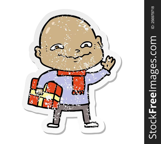 Distressed Sticker Of A Cartoon Nervous Man With Xmas Present