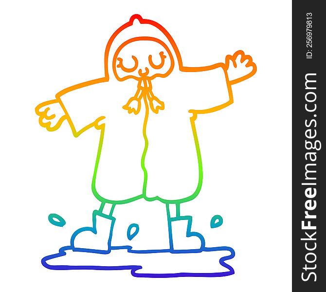 Rainbow Gradient Line Drawing Cartoon Person Splashing In Puddle Wearing Rain Coat