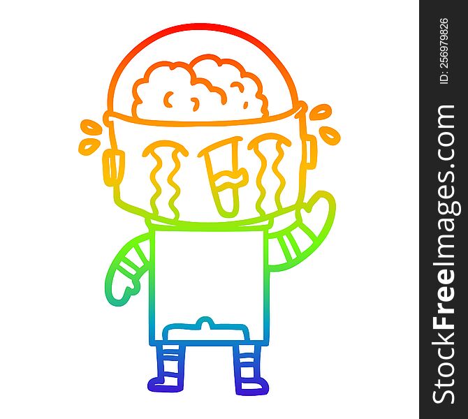Rainbow Gradient Line Drawing Cartoon Crying Robot Waving