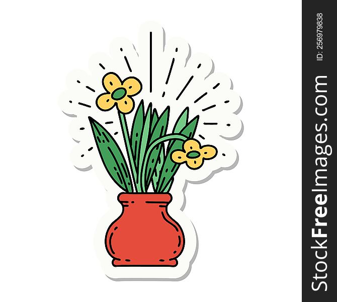 Sticker Of Tattoo Style Flowers In Vase