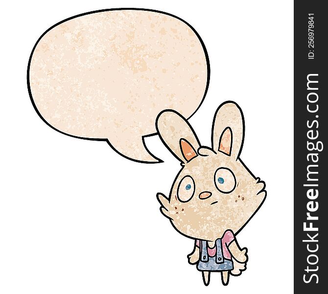 cute cartoon rabbit shrugging shoulders with speech bubble in retro texture style