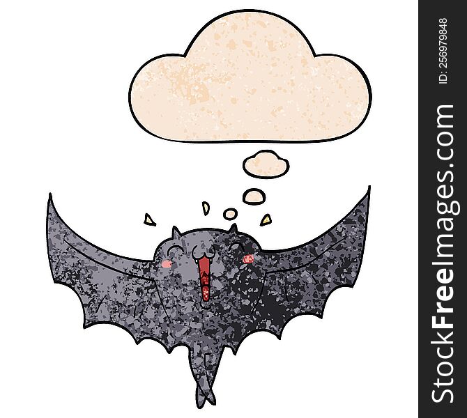 Cartoon Happy Vampire Bat And Thought Bubble In Grunge Texture Pattern Style