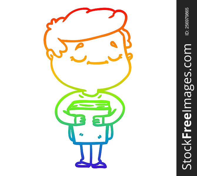 rainbow gradient line drawing of a cartoon peaceful man carrying book