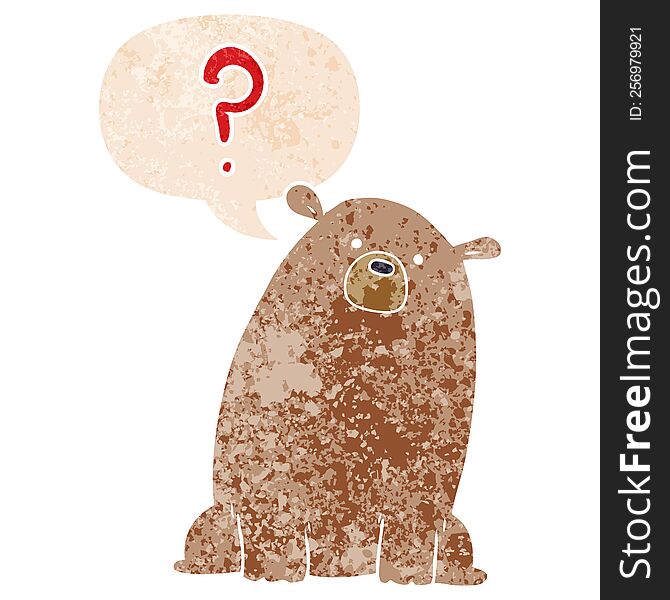 cartoon curious bear with speech bubble in grunge distressed retro textured style. cartoon curious bear with speech bubble in grunge distressed retro textured style