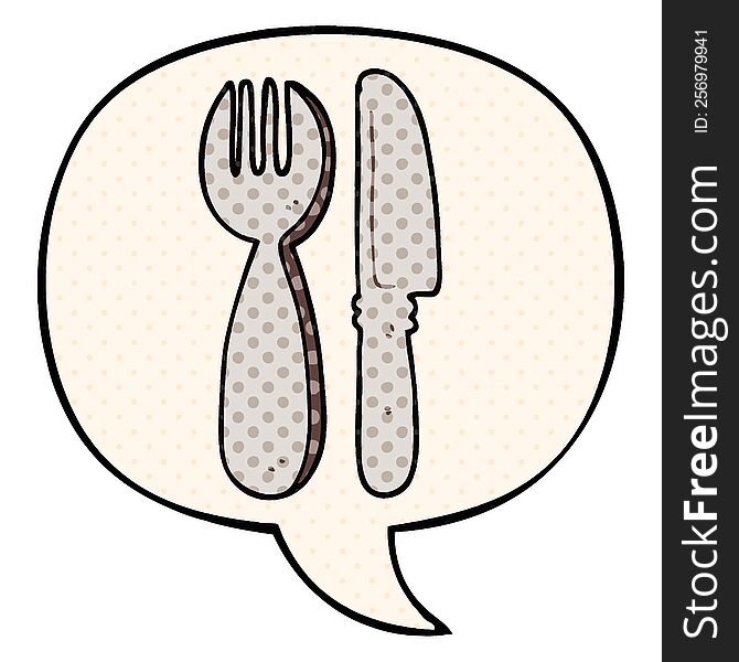 cartoon knife and fork with speech bubble in comic book style