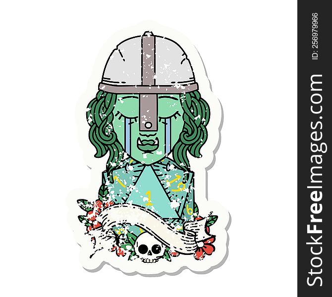 grunge sticker of a crying orc fighter character face with natural one D20 roll. grunge sticker of a crying orc fighter character face with natural one D20 roll
