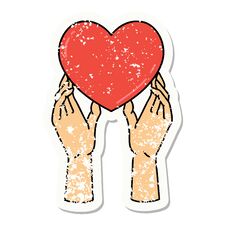 Traditional Distressed Sticker Tattoo Of A Hands Reaching For A Heart Stock Photo