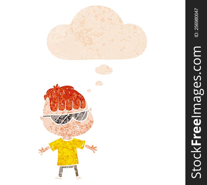 cartoon boy wearing sunglasses with thought bubble in grunge distressed retro textured style. cartoon boy wearing sunglasses with thought bubble in grunge distressed retro textured style