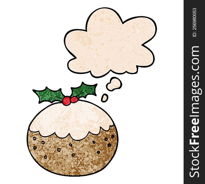 Cartoon Christmas Pudding And Thought Bubble In Grunge Texture Pattern Style