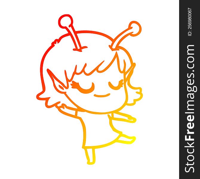warm gradient line drawing of a smiling alien girl cartoon