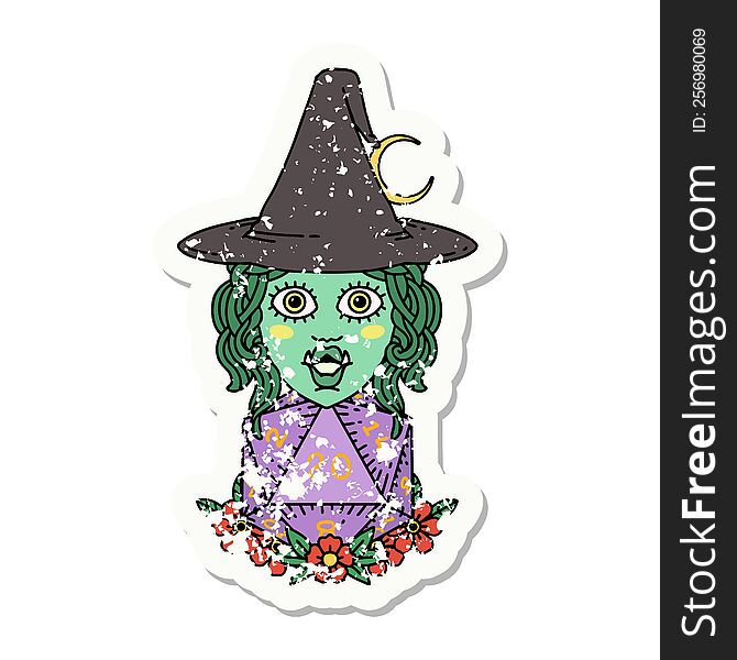 Half Orc Witch With Natural Twenty Dice Roll Grunge Sticker