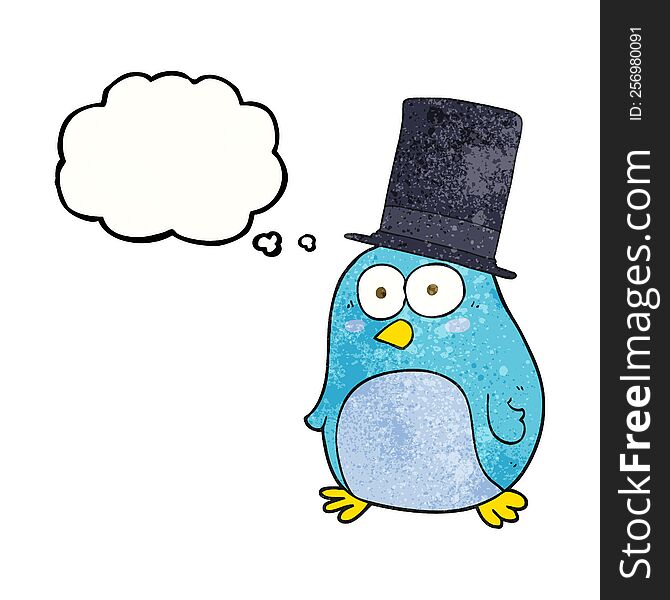 freehand drawn thought bubble textured cartoon bird wearing top hat
