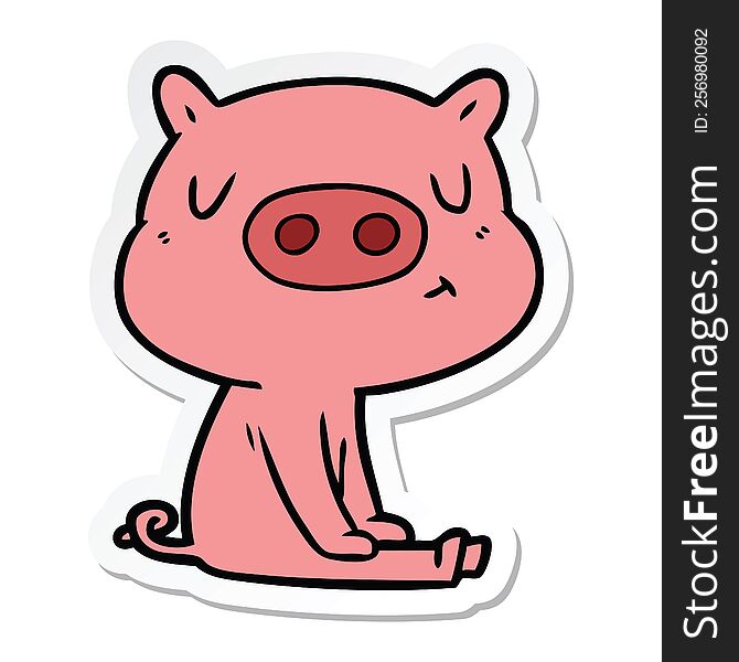 sticker of a cartoon content pig meditating