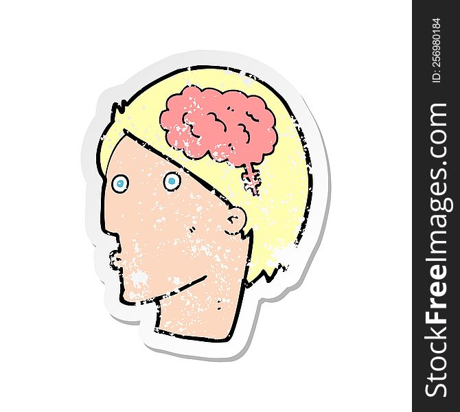 Retro Distressed Sticker Of A Cartoon Man With Brain Symbol