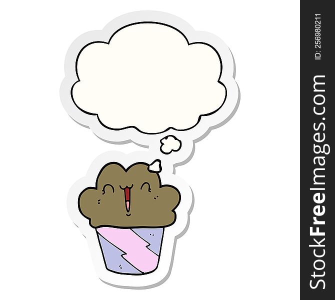 Cartoon Cupcake With Face And Thought Bubble As A Printed Sticker